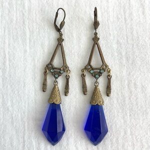 Vintage Czech Blue Glass, Brass & Rhinestone Art Deco Dangle Earrings